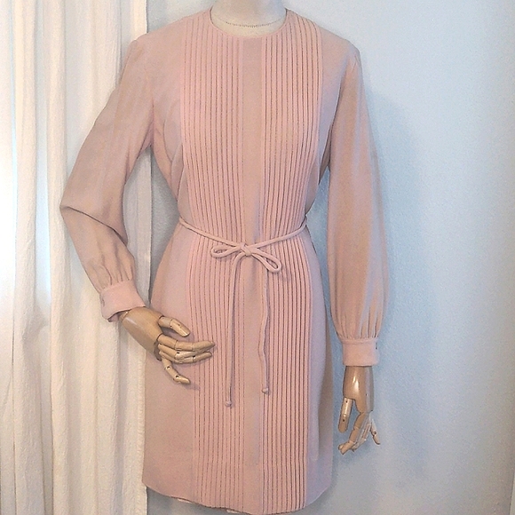 Vintage 60s Jane Stevens Pink Mini Dress Mod Pleated Long Sleeve SZ Medium - Picture 1 of 17